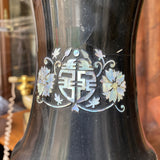 1970s Tall Black Asian Mother of Pearl Peacock Details Vase