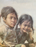 1970s Large Original Children on Boat Painting