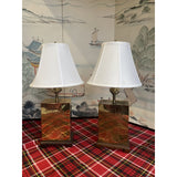 1970s Brass Box Lamps With White Lamp Shades - a Pair