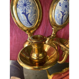 1970s Brass Candle Sconce With Blue and White Details