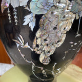 1970s Tall Black Asian Mother of Pearl Peacock Details Vase