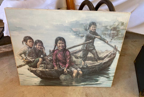 1970s Large Original Children on Boat Painting