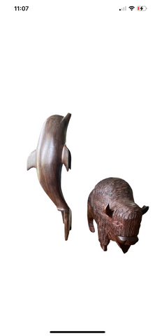 Pair of sculptures ox and dolphin