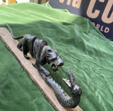 Jaguar and Snake Sculpture on Wood Plank