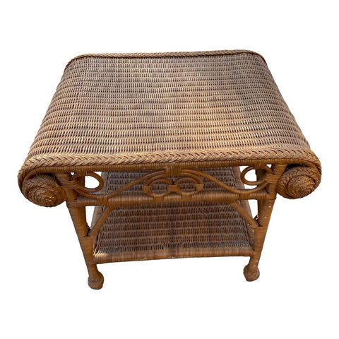 1980s Boho Chic Wicker Side Table With Scrolling Details