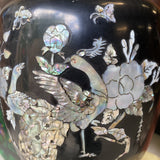 1970s Tall Black Asian Mother of Pearl Peacock Details Vase