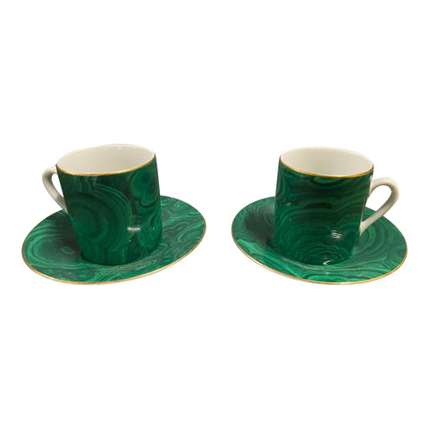 1970s Malachite Nieman Marcus Espresso Cups With Saucers - a Pair