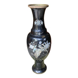 1970s Tall Black Asian Mother of Pearl Peacock Details Vase