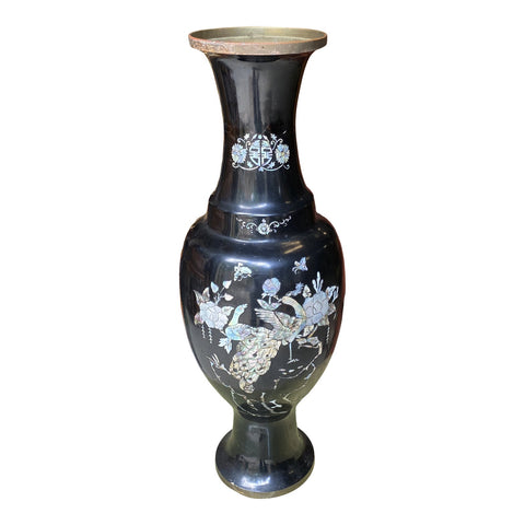 1970s Tall Black Asian Mother of Pearl Peacock Details Vase