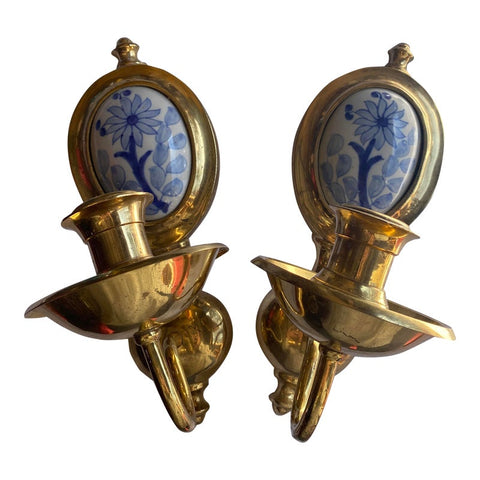 1970s Brass Candle Sconces With Blue and White Details - a Pair