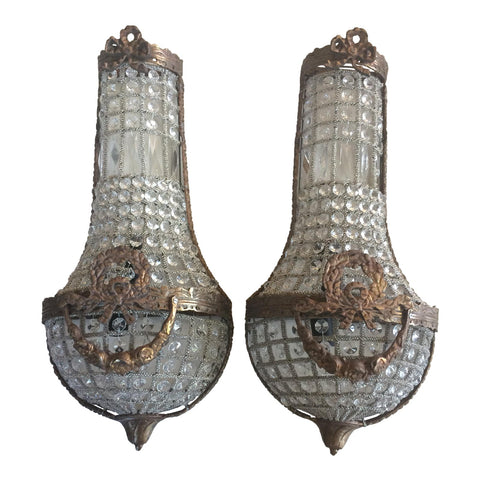 Swedish Style Garland and Bow Crystal Sconces - a Pair - FREE SHIPPING!