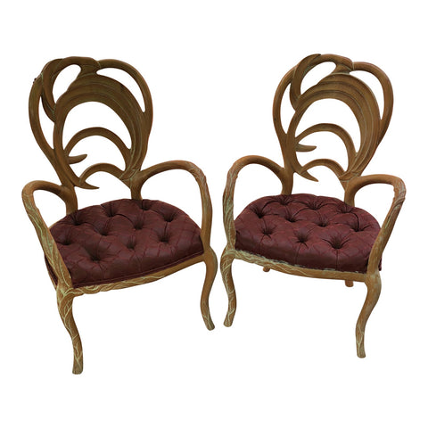 Tufted Wooden Faux Bois Chairs Burgundy - Pair of 2 - FREE SHIPPING!